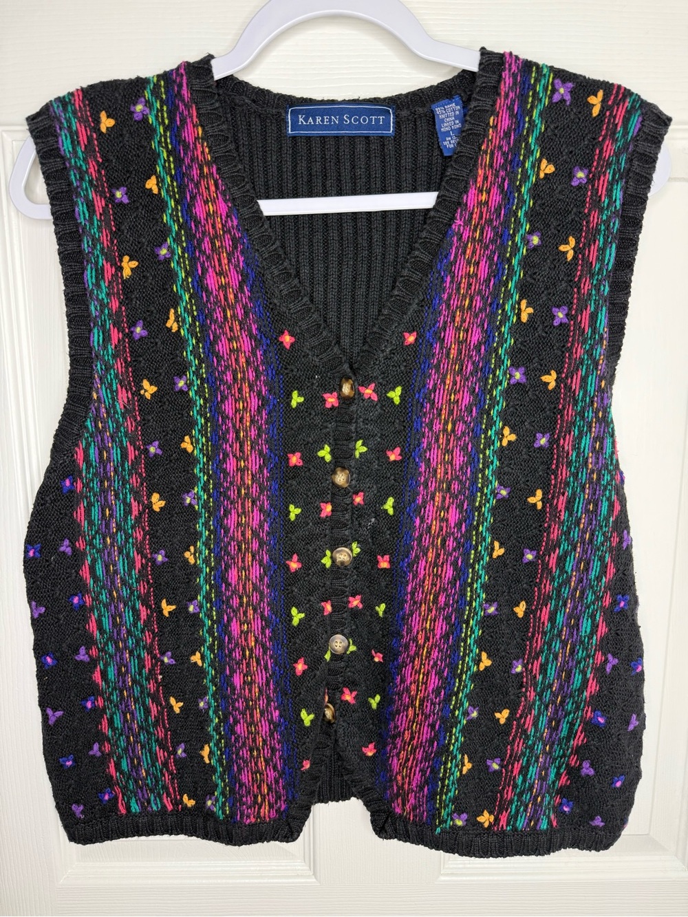 Karen Scott Colorful Knit Sweater Vest Black Multicolor Button Front V Neck L